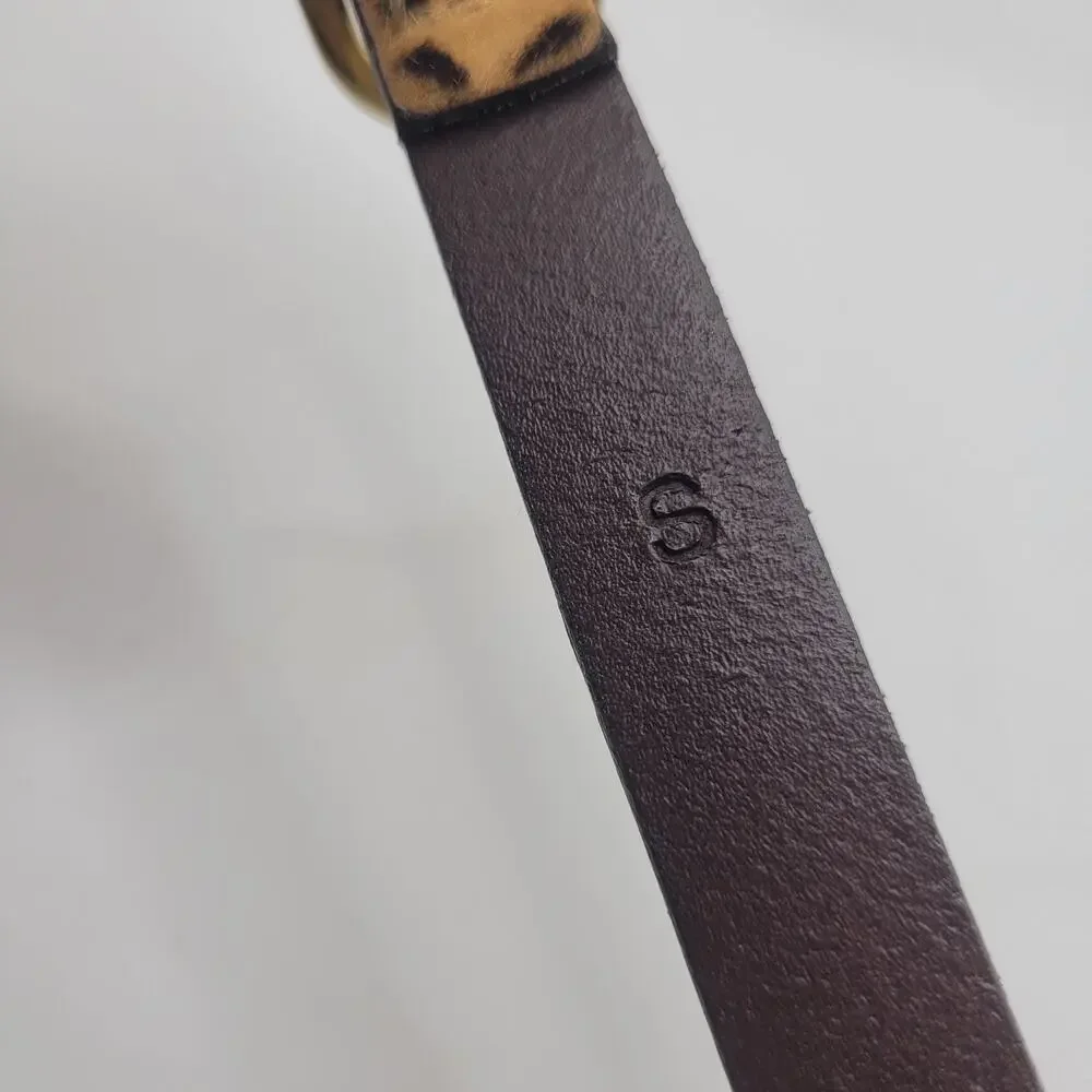 J.CREW Belt Small Brown Leather Leopard Haircalf Animal Print Skinny Gold Buckle